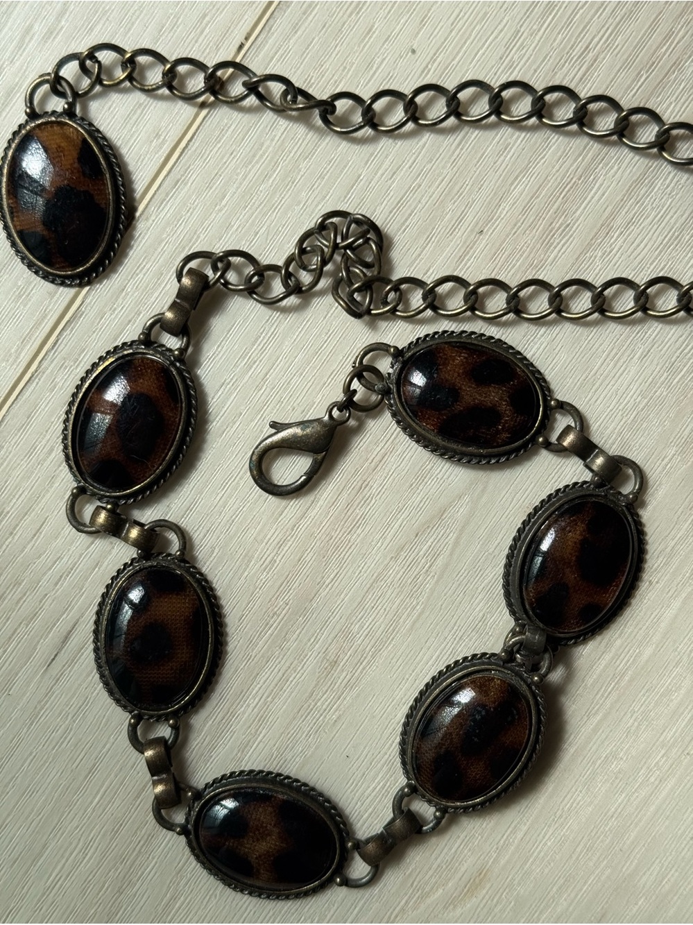 Vintage Retro Boho Faux Tiger Eye Cabochon  Link Statement Chain Belt / Necklace